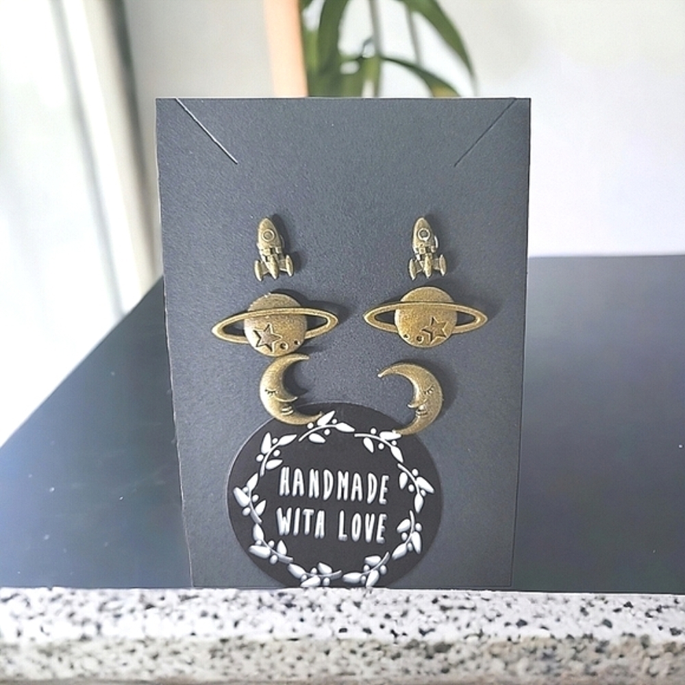 Handcrafted Set Of Three Cosmic Themed Earrings In Vintage Brass Tone